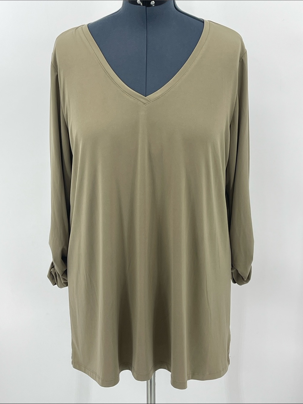 V-Neck Button-Sleeve Tunic Top - Olive WOMENS SIZE XL 3/4 SLEEVES